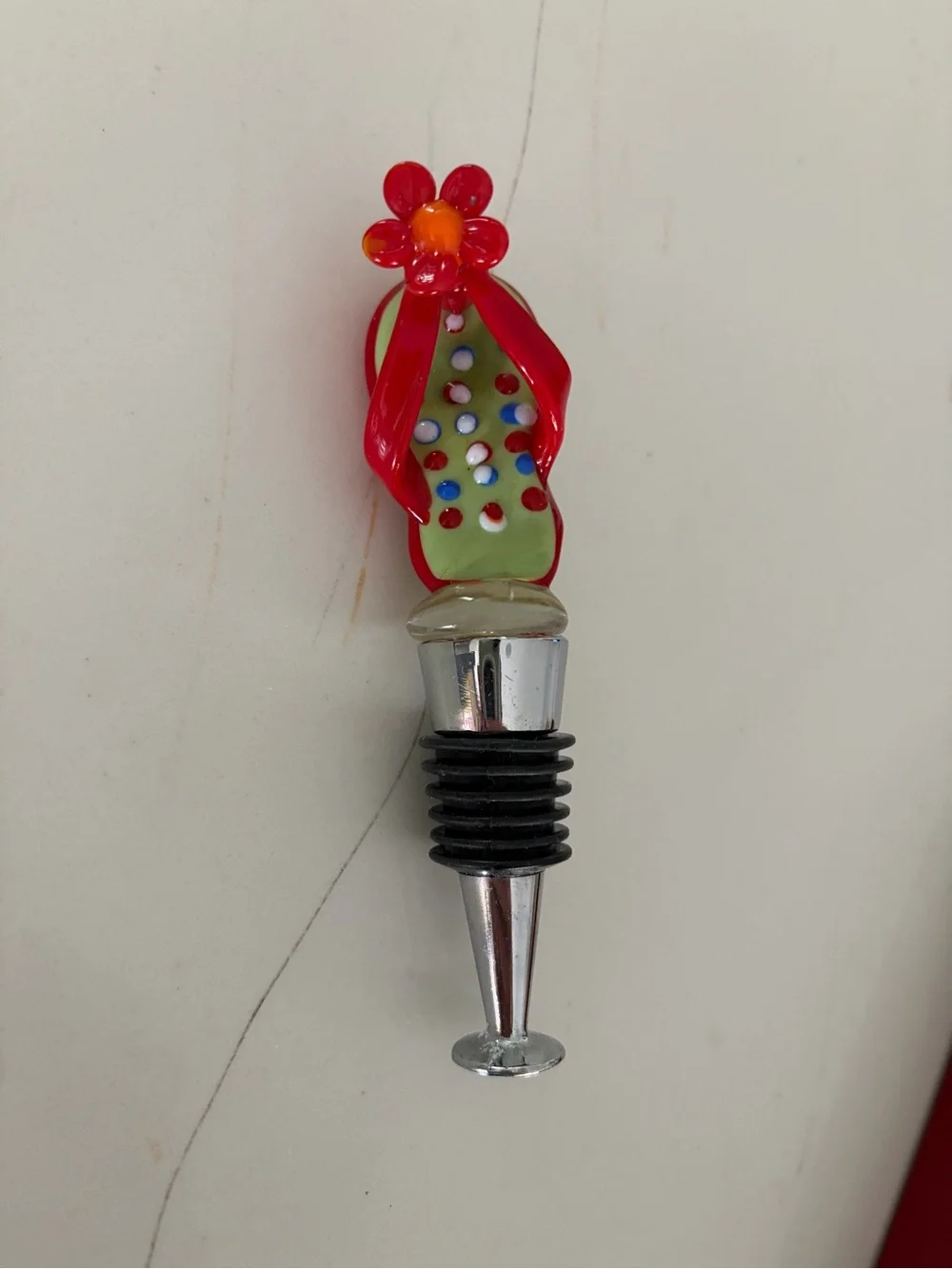 Glass Flip-Flop Wine Stopper with Red Flower Accent